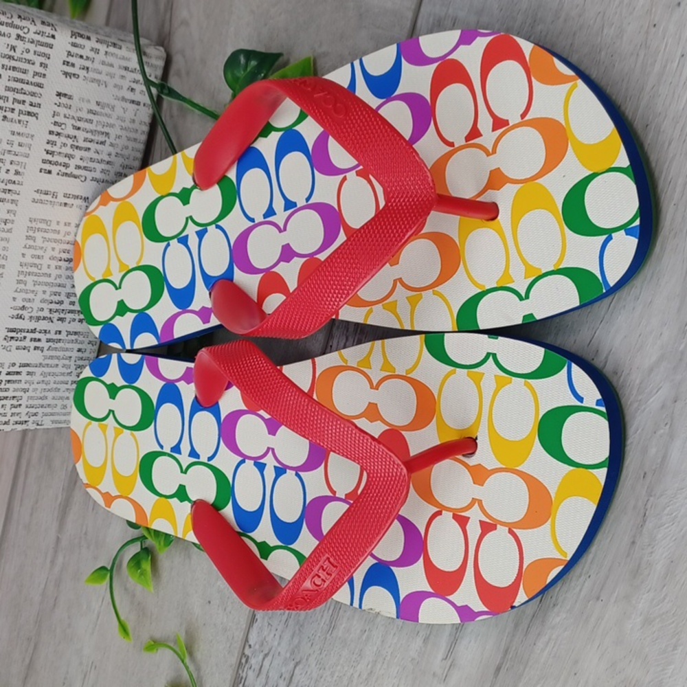 Coach Signature Rainbow Pride Flip Flops NWOT - Picture 3 of 8